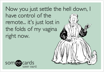 Now you just settle the hell down, I have control of the
remote... it's just lost in
the folds of my vagina
right now.