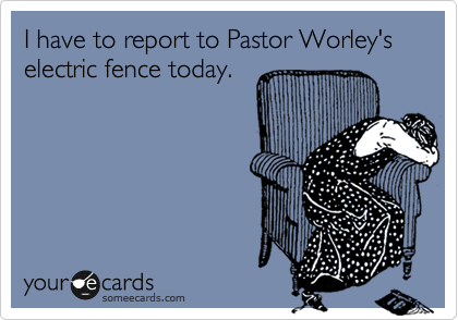 I have to report to Pastor Worley's electric fence today. I
hear that prick is
making all of us wear
rainbow colored
badges. 