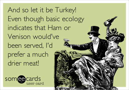 And so let it be Turkey! 
Even though basic ecology
indicates that Ham or
Venison would've
been served, I'd
prefer a much
drier meat!