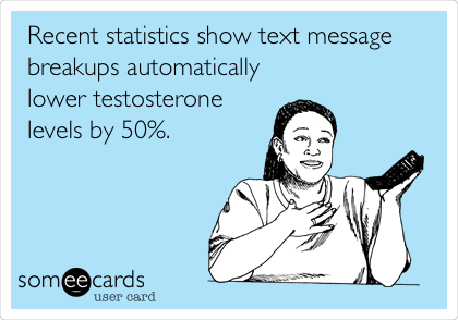Recent statistics show text message
breakups automatically
lower testosterone
levels by 50%.