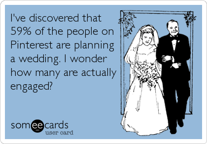 I've discovered that
59% of the people on
Pinterest are planning
a wedding. I wonder
how many are actually
engaged?