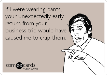 If I were wearing pants,
your unexpectedly early
return from your
business trip would have
caused me to crap them.
