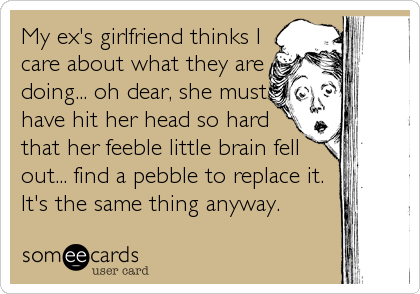 My ex's girlfriend thinks I
care about what they are
doing... oh dear, she must
have hit her head so hard
that her feeble little brain fell
out... find a pebble to replace it. 
It's the same thing anyway.
