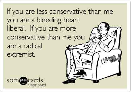 If you are less conservative than me you are a bleeding heart
liberal.  If you are more
conservative than me you
are a radical
extremist.