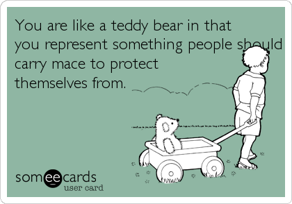 You are like a teddy bear in that
you represent something people should
carry mace to protect
themselves from.