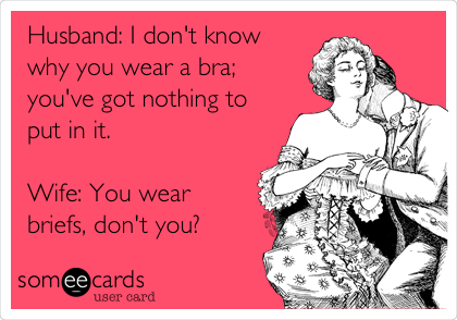 Husband: I don't know
why you wear a bra;
you've got nothing to 
            put in it. 

   Wife: You wear
briefs, don't you? 