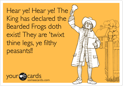 Hear ye! Hear ye! The
King has declared the
Bearded Frogs doth
exist! They are 'twixt
thine legs, ye filthy
peasants!!