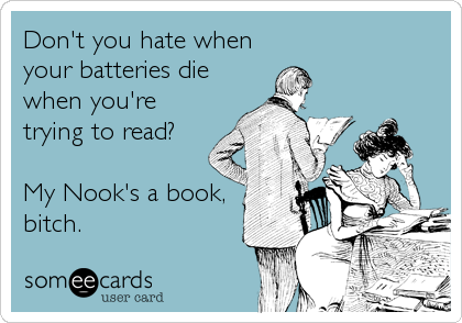 Don't you hate when
your batteries die
when you're
trying to read?

My Nook's a book,
bitch.