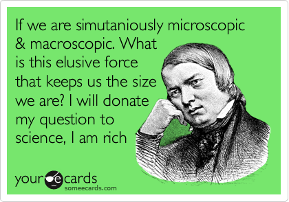 If we are simutaniously microscopic & macroscopic. What
is this elusive force
that keeps us the size
we are? I will donate
my question to
science, I am rich 