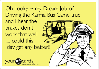 Oh Looky ~ my Dream Job of Driving the Karma Bus Came true and I hear the
brakes don't
work that well
..... could this
is day get any better!!