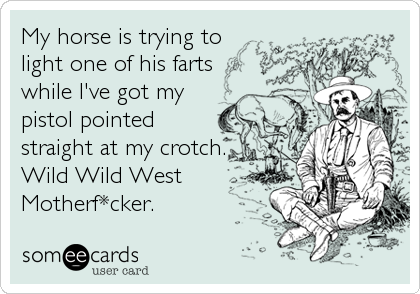 My horse is trying to
light one of his farts
while I've got my
pistol pointed
straight at my crotch.
Wild Wild West
Motherf*cker.