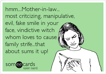 hmm....Mother-in-law...most critcizing, manipulative, evil, fake smile in your face, vindictive witchwhom loves to causefamily strife...that about sums it up!