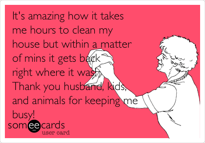 It's amazing how it takes
me hours to clean my
house but within a matter
of mins it gets back
right where it was!
Thank you husband, kids,
and animals for keeping me
busy! 