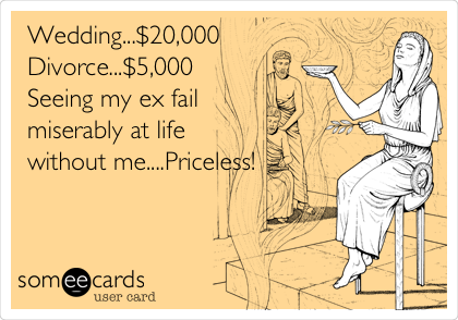 Wedding...$20,000
Divorce...$5,000
Seeing my ex fail
miserably at life
without me....Priceless!