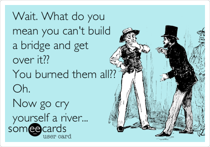 Wait. What do you
mean you can't build
a bridge and get 
over it?? 
You burned them all??
Oh. 
Now go cry
yourself a river...