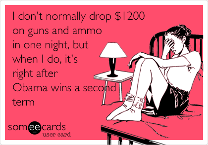 I don't normally drop $1200
on guns and ammo
in one night, but
when I do, it's
right after
Obama wins a second
term