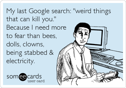 My last Google search: "weird things
that can kill you."
Because I need more
to fear than bees,
dolls, clowns,
being stabbed &
electricity.