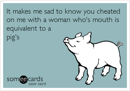 It makes me sad to know you cheated
on me with a woman who's mouth is
equivalent to a
pig's