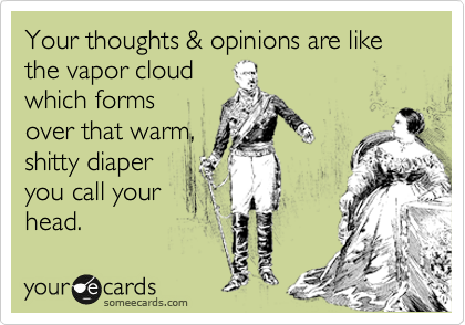 Your thoughts & opinions are like the vapor cloud 
which forms
over that warm,
shitty diaper
you call your
head.