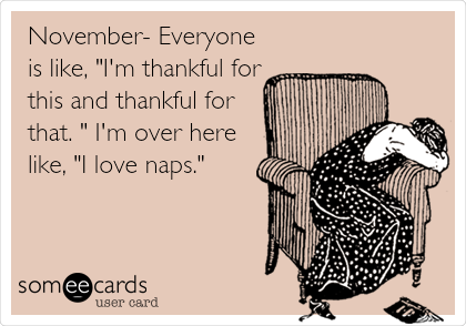November- Everyone
is like, "I'm thankful for
this and thankful for
that. " I'm over here
like, "I love naps."
