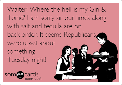 Waiter! Where the hell is my Gin &
Tonic? I am sorry sir our limes along
with salt and tequila are on
back order. It seems Republicans
were upset about
something
Tuesday night!