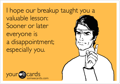 I hope our breakup taught you a valuable lesson:  
Sooner or later
everyone is
a disappointment;
especially you.