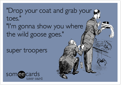 "Drop your coat and grab your
toes." 
"I'm gonna show you where
the wild goose goes."

super troopers
 