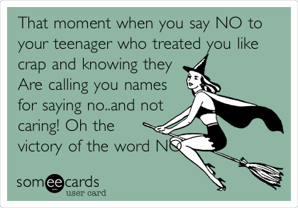 That moment when you say NO to
your teenager who treated you like
crap and knowing they
Are calling you names
for saying no..and not
caring! Oh the
victory of the word
NO