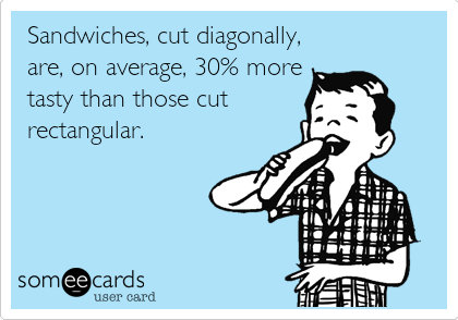 Sandwiches, cut diagonally,
are, on average, 30% more
tasty than those cut
rectangular.