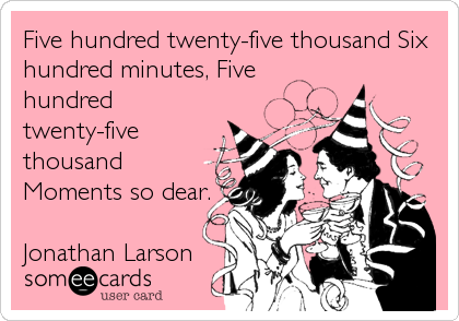 Five hundred twenty-five thousand Six
hundred minutes, Five
hundred
twenty-five
thousand
Moments so dear.

Jonathan Larson