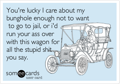 You're lucky I care about my bunghole enough not to want
 to go to jail, or i'd
run your ass over
with this wagon for
all the stupid shit
you say.