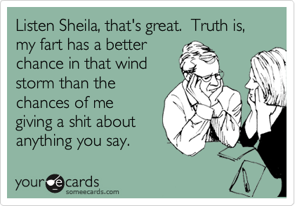 Listen Sheila, that's great.  Truth is, my fart has a better
chance in that wind
storm than the
chances of me
giving a shit about 
anything you say. 