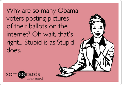 Why are so many Obama
voters posting pictures
of their ballots on the
internet%3F Oh wait%2C that's
right... Stupid is as Stupid
does.