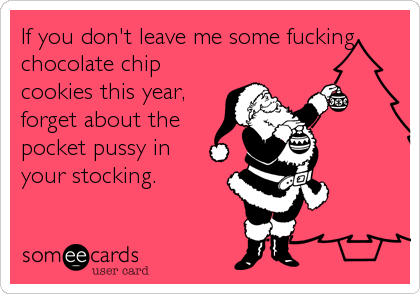If you don't leave me some fucking
chocolate chip
cookies this year,
forget about the
pocket pussy in
your stocking.