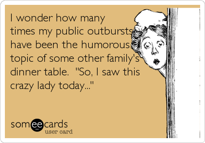 I wonder how many
times my public outbursts
have been the humorous
topic of some other family's
dinner table.  "So, I saw this
crazy lady today..."