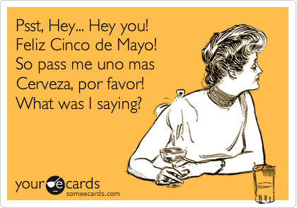 Psst, Hey... Hey you!
Feliz Cinco de Mayo!
So pass me uno mas
Cerveza, por favor!
What was I saying?