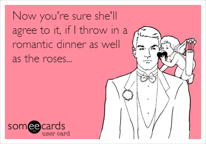 Now you're sure she'll
agree to it, if I throw in a
romantic dinner as well
as the roses...