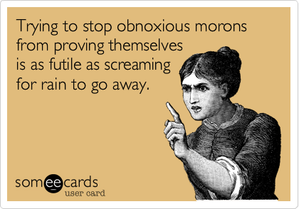 Trying to stop obnoxious morons from proving themselves
is as futile as screaming
for rain to go away.