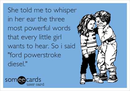 She told me to whisper
in her ear the three
most powerful words
that every little girl
wants to hear. So i said
"ford powerstroke
diesel."