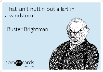 That ain't nuttin but a fart in
a windstorm.

-Buster Brightman