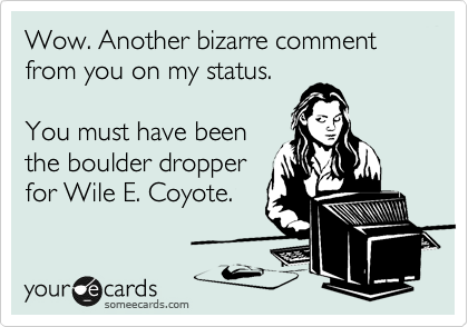 Wow. Another bizarre comment from you on my status.

You must have been
the boulder dropper
for Wile E. Coyote.