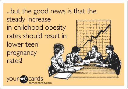 ...but the good news is that the  steady increase
in childhood obesity
rates should result in
lower teen 
pregnancy
rates!