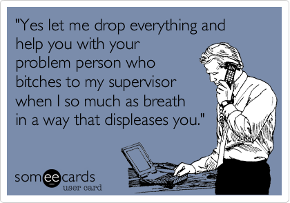 "Yes let me drop everything and help you with your
problem person who
bitches to my supervisor
when I so much as breath
in a way that displeases you."