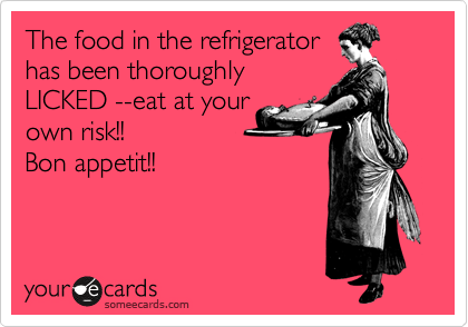 The food in the refrigerator
has been thoroughly
LICKED --eat at your
own risk!!
Bon appetit!!