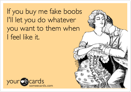 If you buy me fake boobs
I'll let you do whatever
you want to them when
I feel like it.