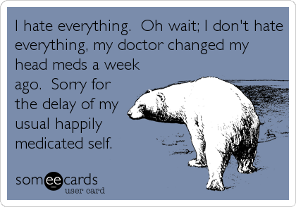 I hate everything.  Oh wait; I don't hate
everything, my doctor changed my
head meds a week
ago.  Sorry for
the delay of my
usual happily
medicated self.