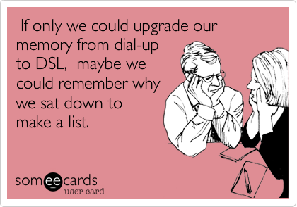  If only we could upgrade our memory from dial-up
to DSL,  maybe we
could remember why
we sat down to
make a list.