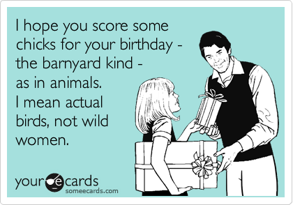 I hope you score some
chicks for your birthday -
the barnyard kind -   
as in animals.  
I mean actual 
birds, not wild
women.