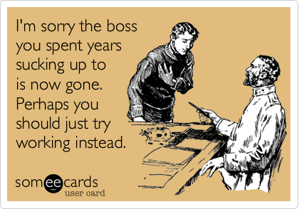 I'm sorry the boss
you spent years
sucking up to 
is now gone.
Perhaps you
should just try 
working instead.