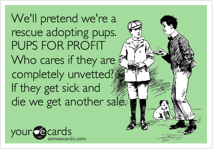 We'll pretend we're a
rescue adopting pups.
PUPS FOR PROFIT
Who cares if they are
completely unvetted?
If they get sick and
die we get another sale.